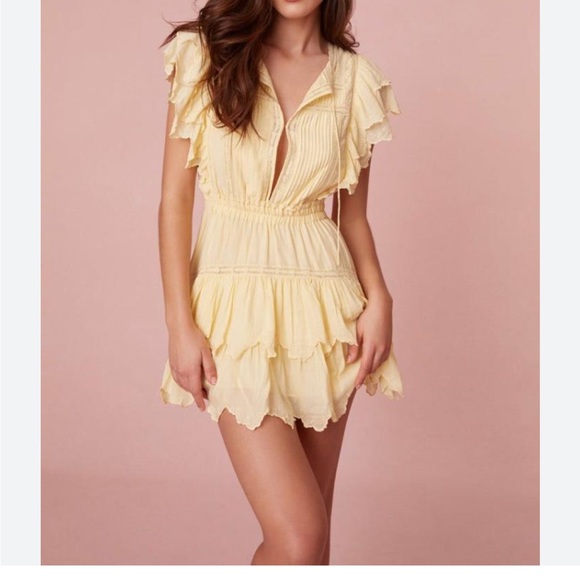 LOVESHACKFANCY Darryl Flutter Sleeve Butter Yellow Ruffled Mini Dress - Picture 2 of 16